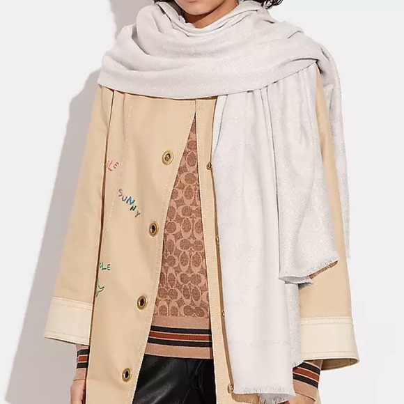 NWT Coach Metallic Taupe/ Gold Signature C Shawl, Large - Picture 5 of 5